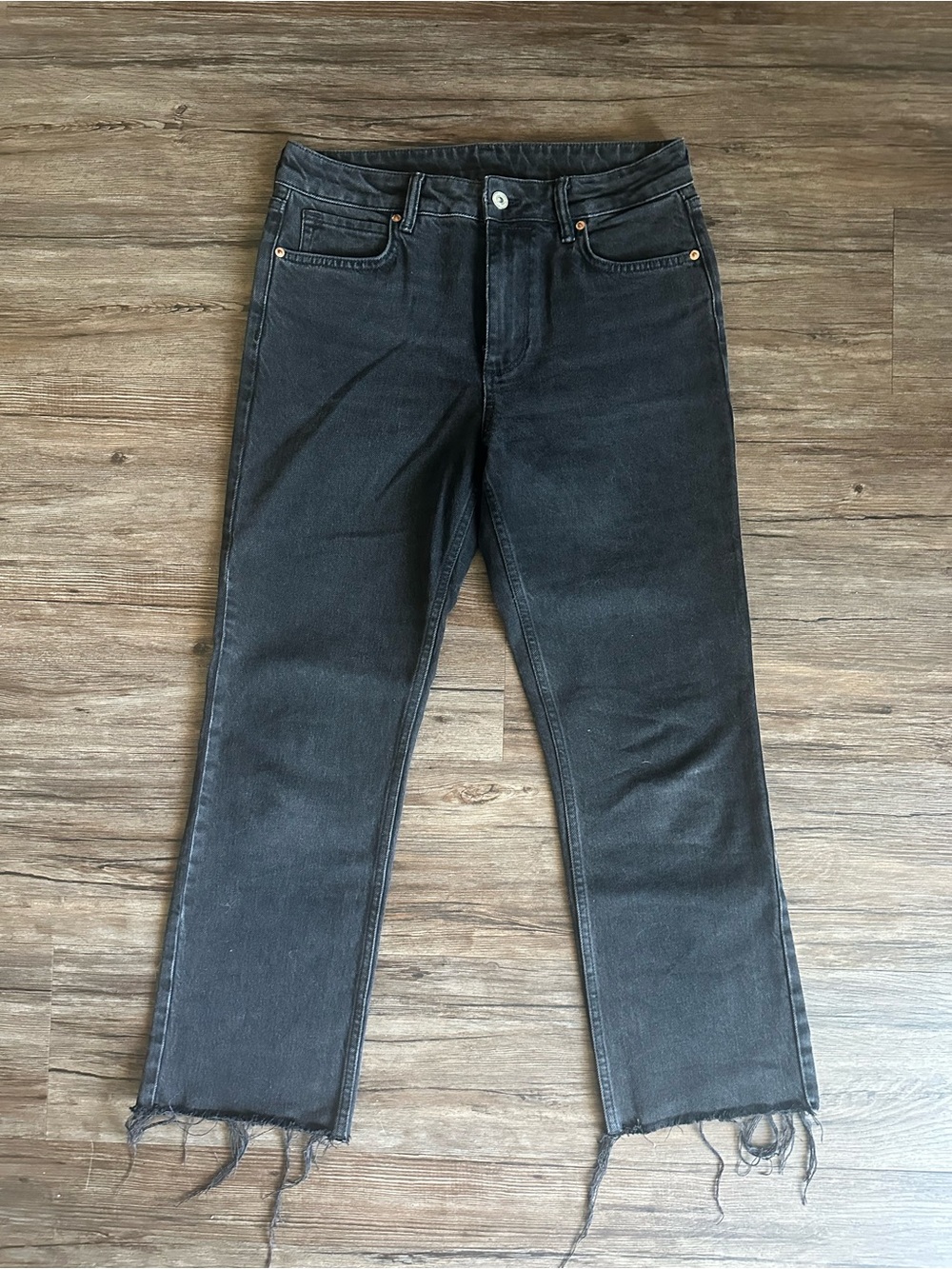 AllSaints Dark Grey Cropped Straight Leg Ankle Jeans, Raw Hem, Size 27, Sample